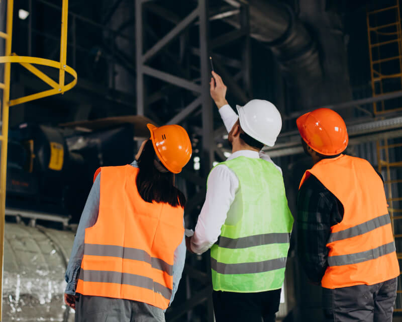 Three workers wearing hard hats and safety vests inspecting the interior of a manufacturing facility.