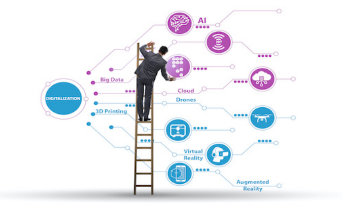 Man on ladder illustrating digitization including data, AI, virtual reality, 3D printing, and the cloud.
