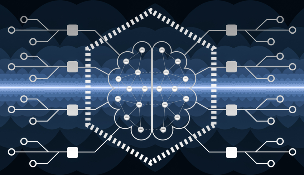 Black background with white interconnected shapes representing data inputs and outputs