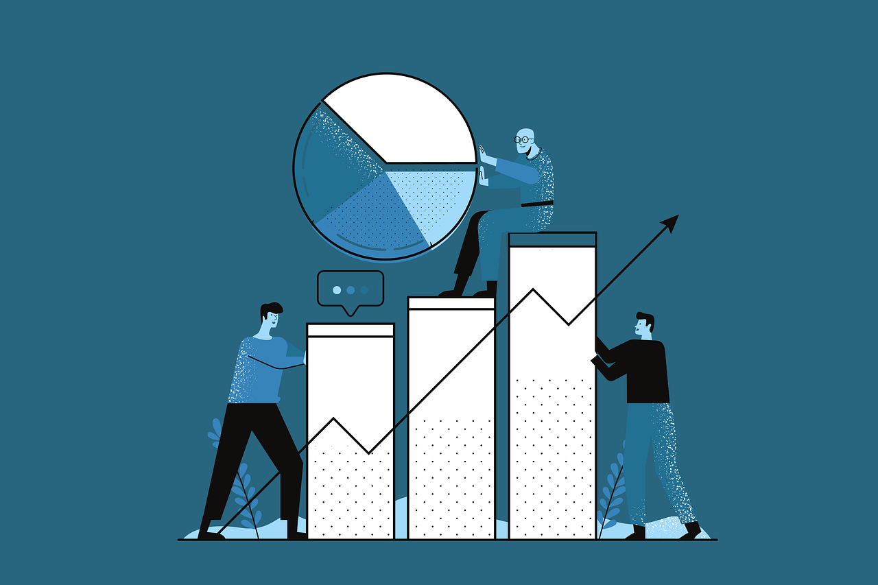 Man balancing pie chart while sitting on chart graph with two men at ends.