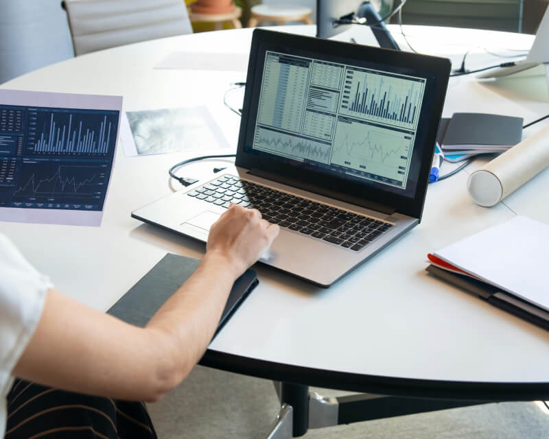 Consultant on laptop showing data and graphs.